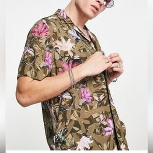 HUGO Ellino Floral Print Straight Fit Button Down Camo Shirt medium